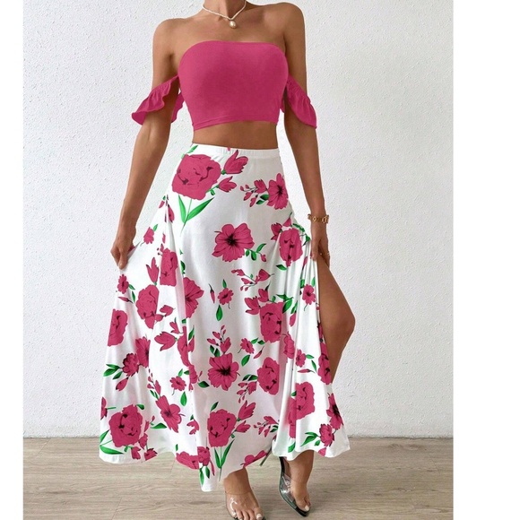 Boho Floral Print Ruffle Sleeve Crop Top Maxi Skirt set - Picture 6 of 10